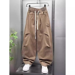 特大码2-300斤美式工装风弯刀裤男宽松休闲裤卡其色拼接抽绳长裤