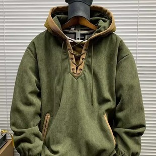 加大码300斤美式复古撞色连帽卫衣男秋冬潮牌设计感百搭套头帽衫