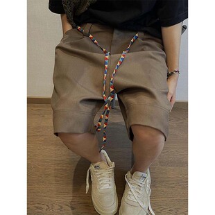 五分裤 300斤大码 复古百搭垂坠感彩色腰带毛边咖色短裤 夏季 INS 男装