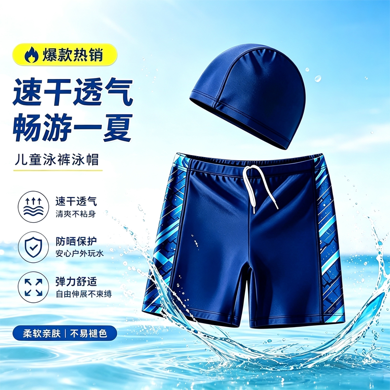 儿童泳裤男孩速干泳裤泳帽中大童青少年2026新款平角游泳裤套装图片