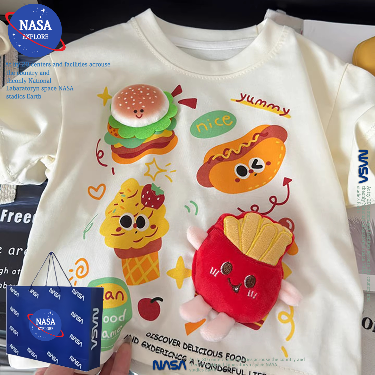 NASA男女童薯条汉堡卡通立体玩偶夏季纯棉短袖T恤中小儿童装上衣