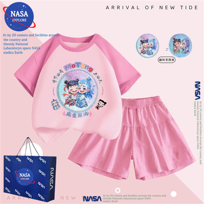 NASA女童短袖短裤套装纯棉哪吒敖丙亮片变色衣服学生休闲两件套夏