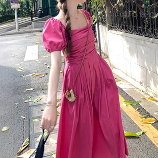 温柔风初恋长裙褶皱感大方领白色连衣裙女甜美少女 减龄泡泡袖