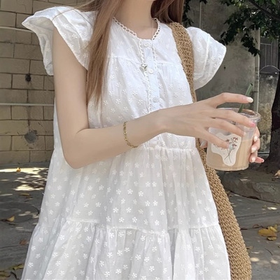 夏季小个子短款叠穿字裙蛋糕裙海边甜美风小众白色刺绣连衣裙女