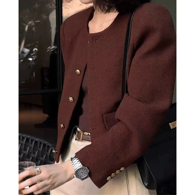 现货 新款小香风暗红色外套女高JI感g端j致气质上衣 女
