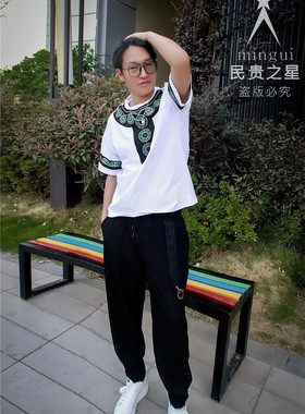 民贵之星凉山彝族纯棉上衣短袖白色刺绣花民族风衣服体恤男装女装