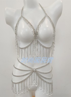 欧美跨境性感亚克力亮片水晶吊坠项链个性金属链时尚镂空身体链