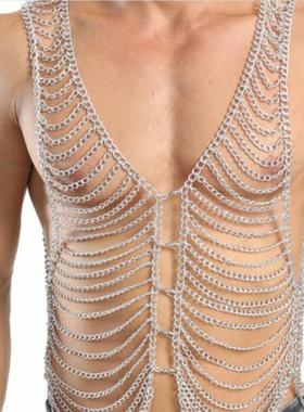 欧美男士潮流个性项链时尚多层重金属肩链夸张身体链夜店酒吧演出