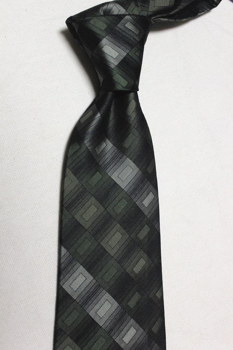 外贸纯原蚕丝提花手打领带真丝色织绿色英伦格子绅士男正装9.5cm