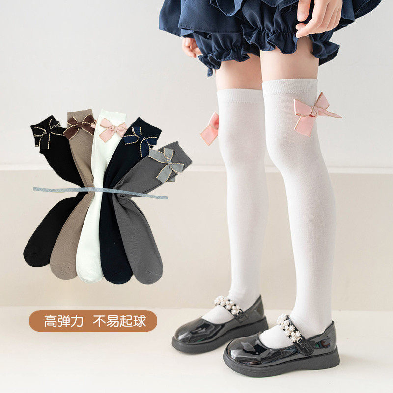 女童长筒袜春秋蝴蝶结儿童高筒袜学生过膝袜纯棉中厚大腿袜白色