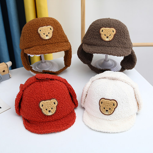 毛绒加厚软沿鸭舌帽子小熊护耳
