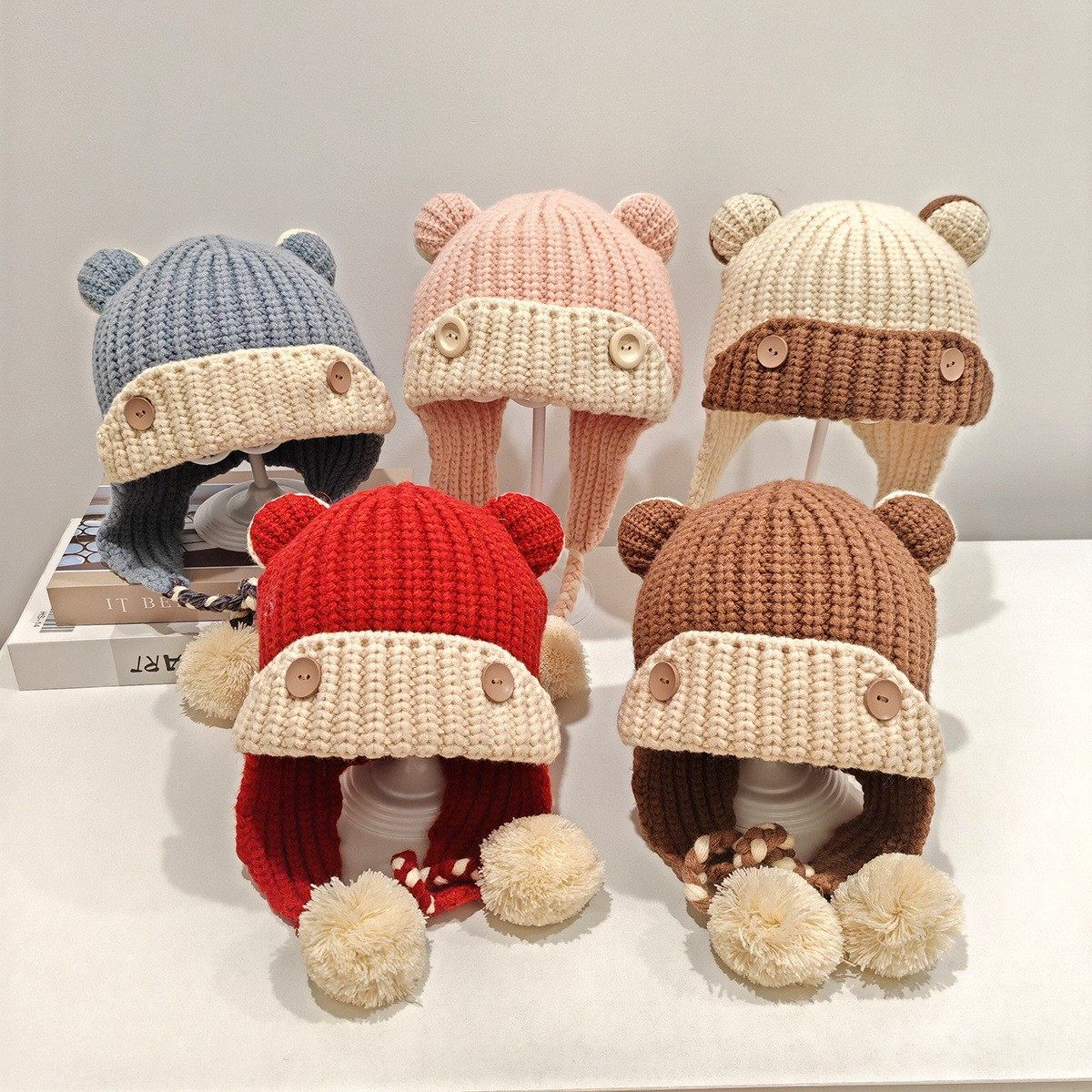 新年儿童帽子秋冬简约针织帽男童时尚护耳帽女宝洋气保暖帽红色帽