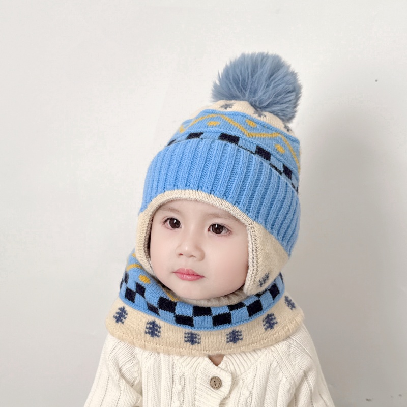 儿童毛线帽围巾两件套冬季保暖护耳针织帽男女童宝宝毛球儿童套帽