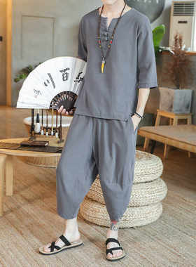 中国风夏季棉麻家居服可外穿男士