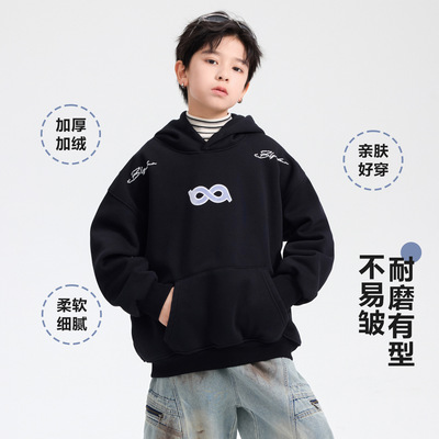 男童秋冬季黑色加绒运动连帽卫衣2025新款青少年儿童加厚保暖上衣