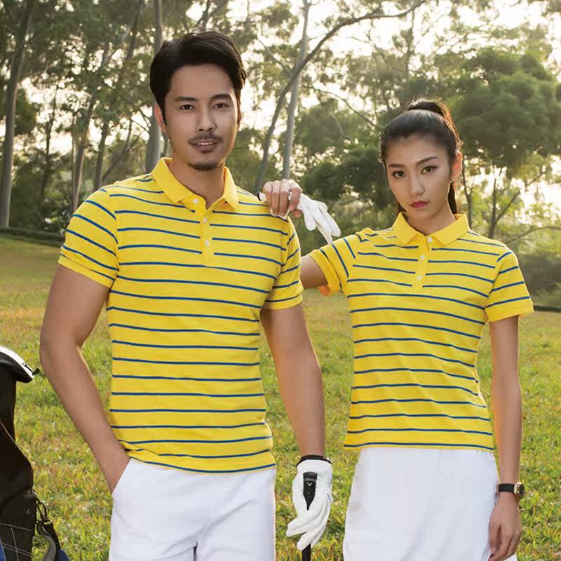 Boutique Men and women golf business affairs leisure time Harajuku POLO Bright yellow lovers stripe Lapel Summer wear jacketin the Men's clothing,  Polo Shirts  category - from Buy2taobao.com to provide professional Taobao agent buy service