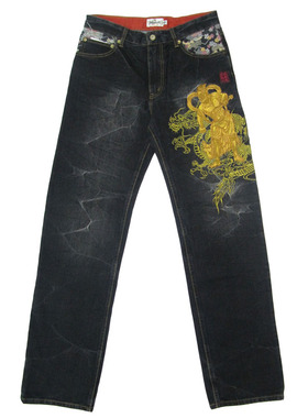 络缲魂KARAKURI日本潮牌飞龙金刚刺绣男式牛仔长裤宽松