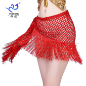 新款 舞蹈流苏腰链镂空肚皮舞珠片流苏三角巾舞蹈练习配饰系带臀巾