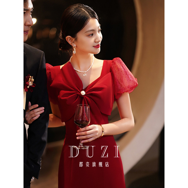 敬酒服新娘夏季高级感小个子订婚连衣裙法式洋装酒红色结婚礼服女_虎窝淘