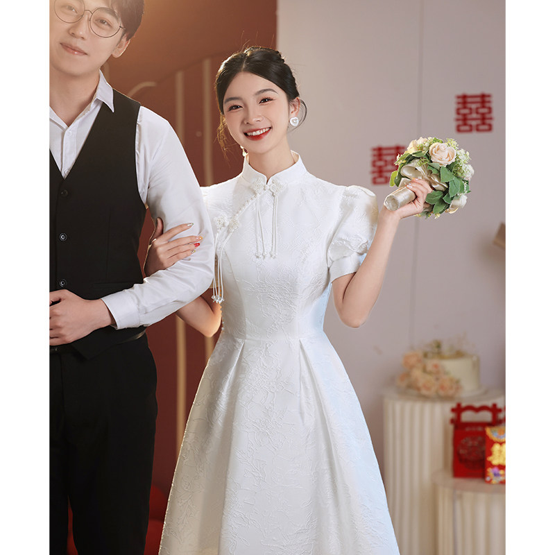 白色旗袍女订婚回门礼服轻婚纱领证登记白裙小个子连衣裙平时可穿