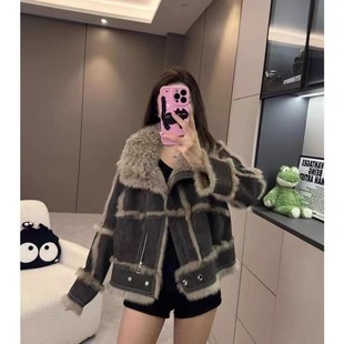 兔毛皮草外套皮毛一体机车款 短款 羊羔毛大毛领秋冬 女时尚 2024新款