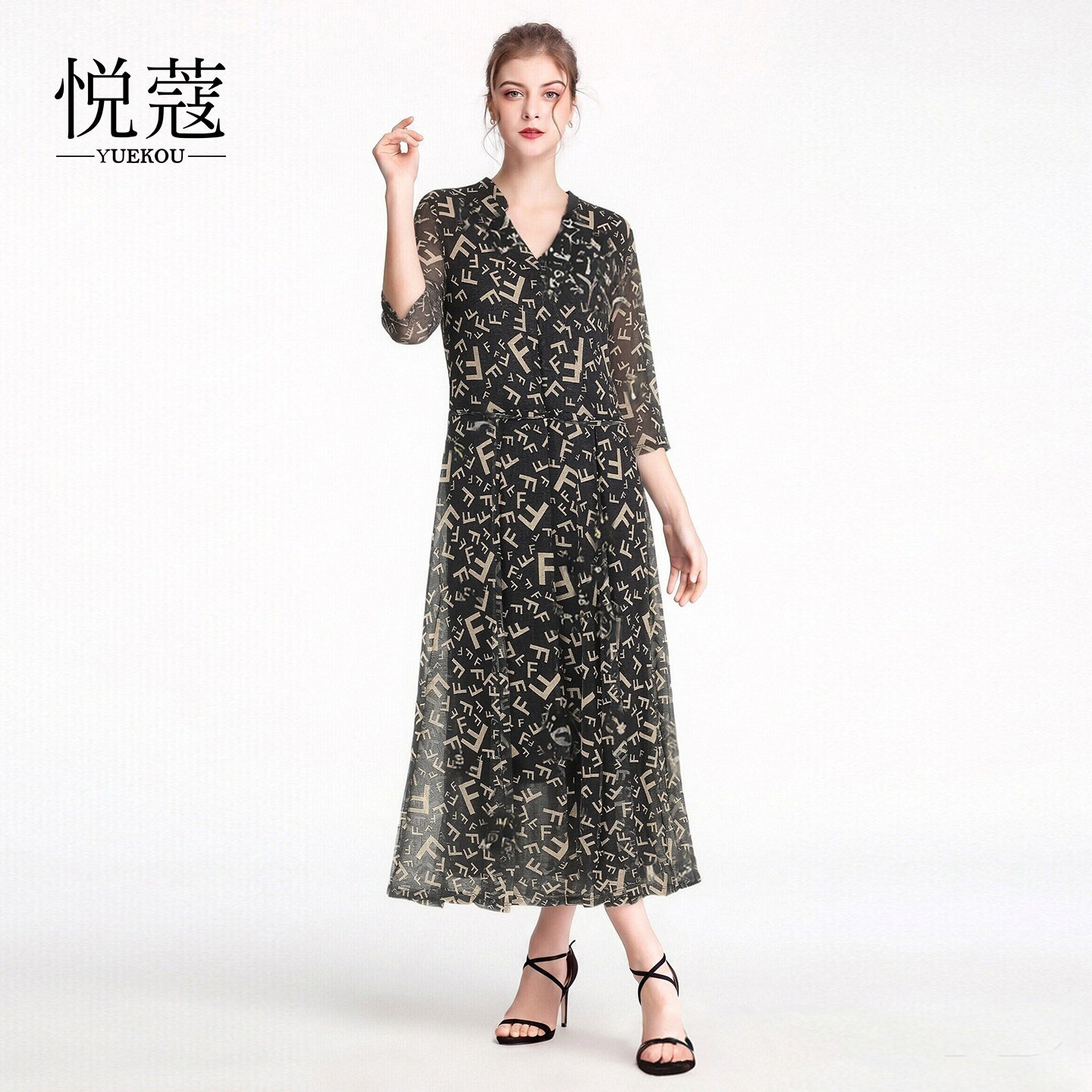 桑蚕丝真丝网眼V领印花大码连衣裙女中长款显瘦七分袖裙新款夏季