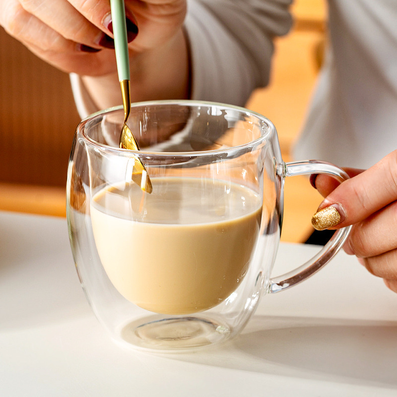 onlycook双层高硼硅玻璃水杯带手柄隔热茶杯早餐杯子牛奶杯咖啡杯