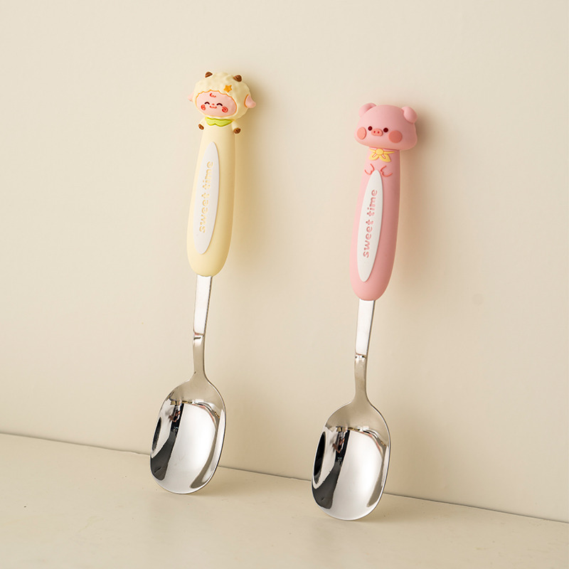 onlycook小猪硅胶手柄316不锈钢儿童小勺子食品级宝宝辅食勺餐具