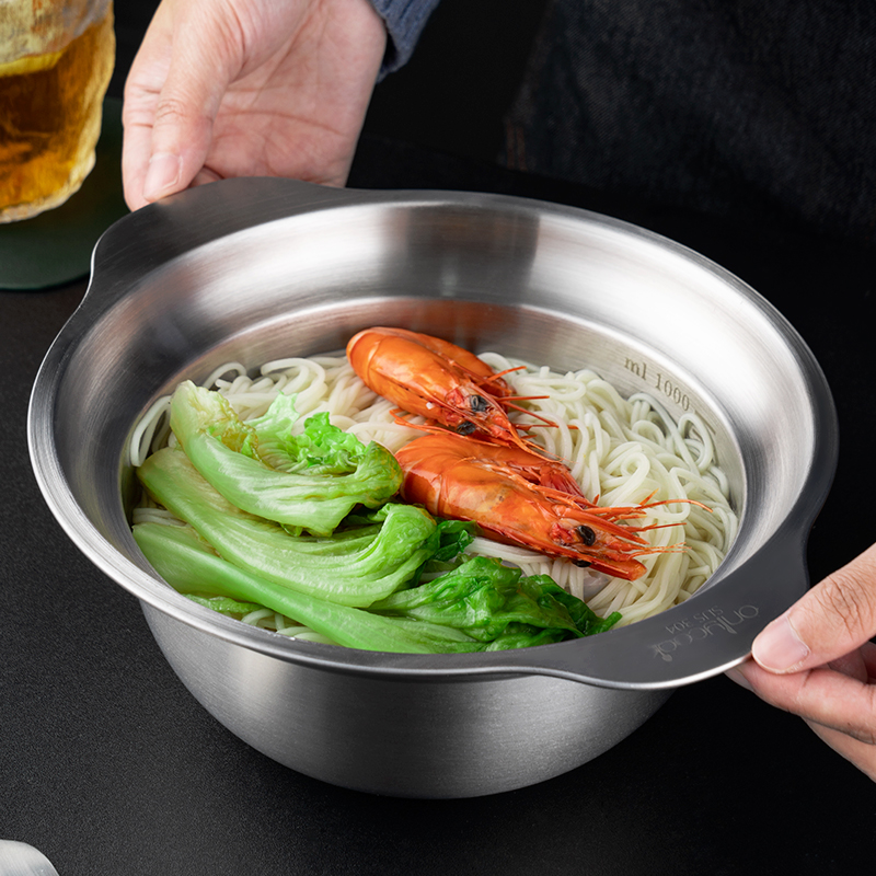 onlycook 304不锈钢汤面碗双耳防烫大碗大号加深汤碗带刻度沙拉盆
