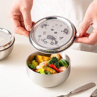 onlycook卡通儿童碗带盖304不锈钢双层隔热防烫宝宝辅食饭碗防摔