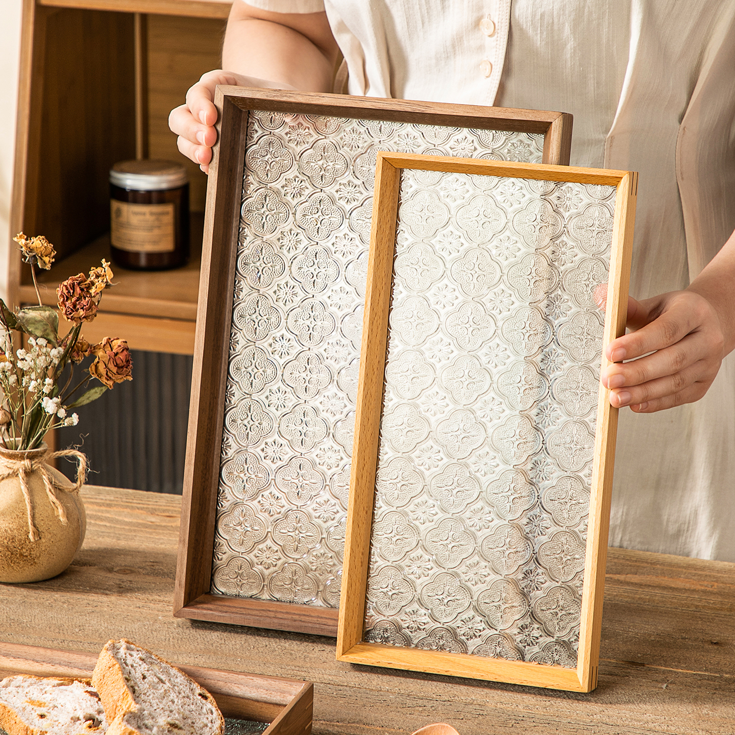 onlycook中式复古海棠花玻璃实木托盘茶几点心盘收纳盘长方形茶盘