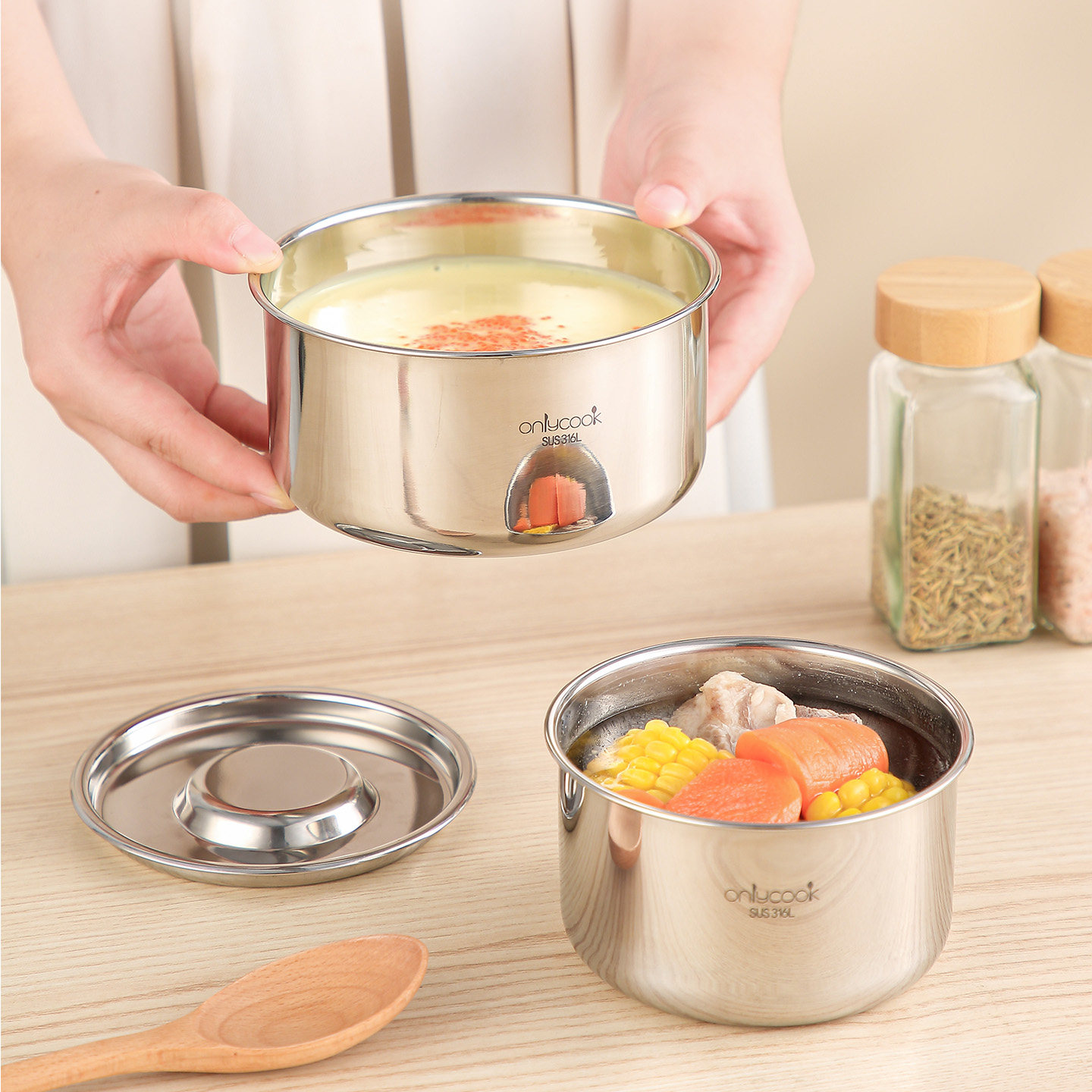 onlycook家用316L不锈钢蒸蛋碗带盖宝宝辅食鸡蛋羹专用碗炖盅汤碗