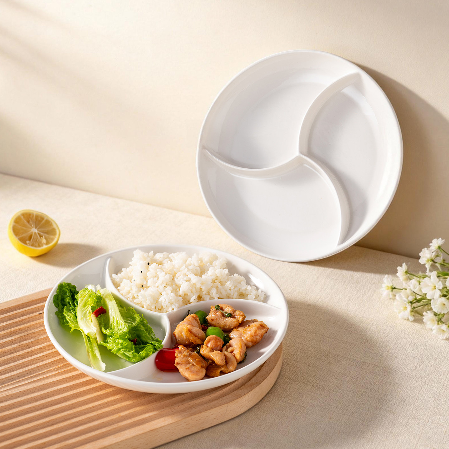 onlycook三格陶瓷盘减脂分餐盘图片