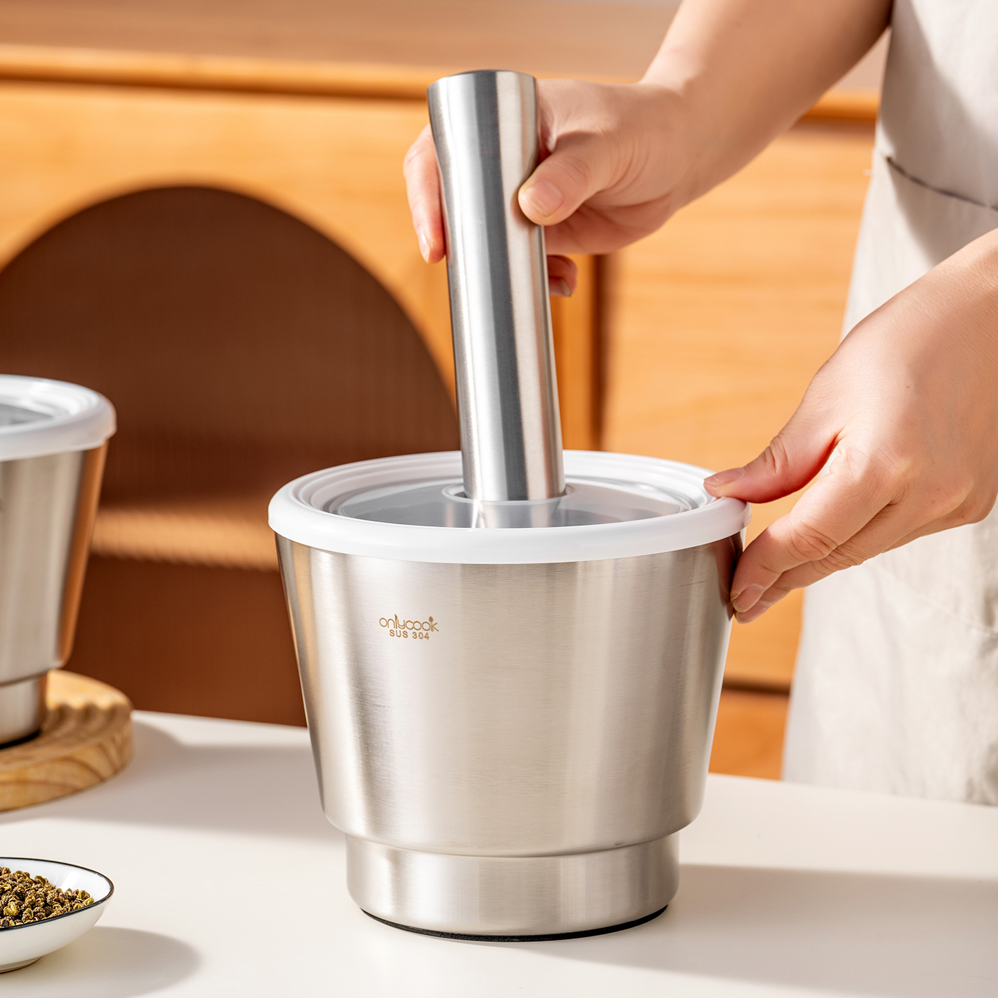 onlycook 304不锈钢捣蒜器家用大号中药研磨罐手动压蒜泥打蒜臼子