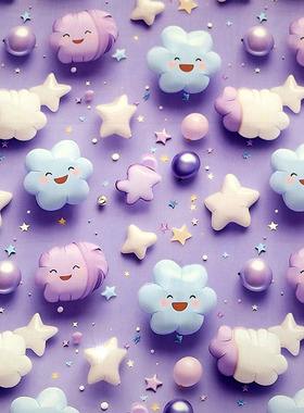 卡通可爱紫色星星云朵人造棉印花布料儿童服装连衣裙手工DIY面料