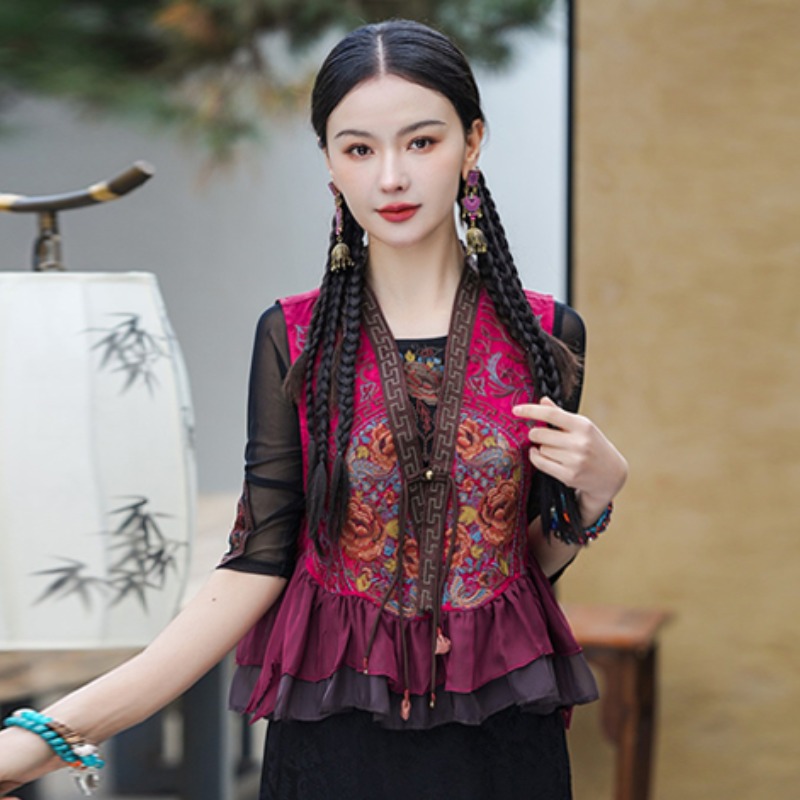 春装新中式民族风复古重工刺绣背心马甲女修身坎肩马夹上衣短外套