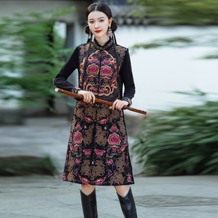 秋装民族风新中式中长款重工绣花马夹外套女立领复古马甲风衣大衣