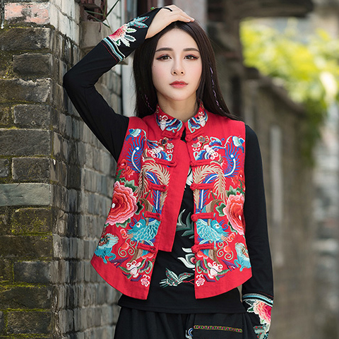 民族风棉麻复古大片绣花马甲外套女秋款国潮中式短款背心马夹上衣