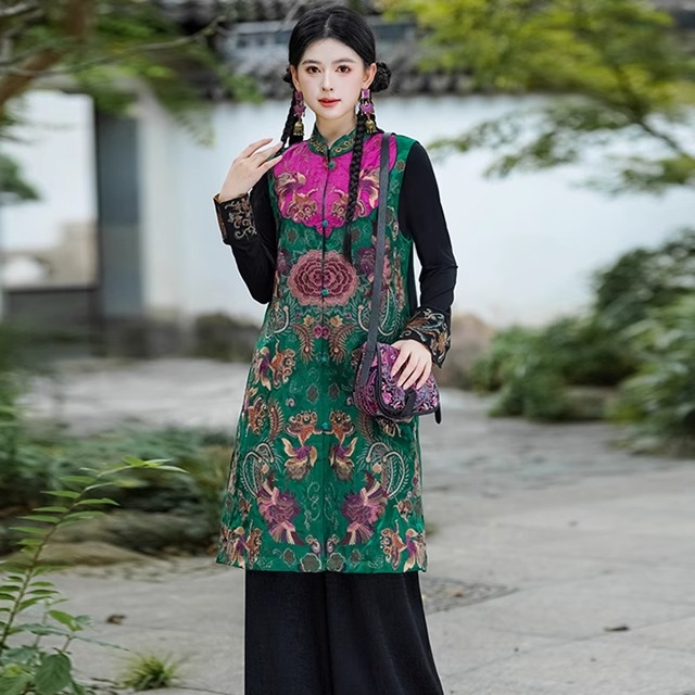 秋装民族风新中式中长款重工刺绣风衣马夹外套女立领复古马甲大衣