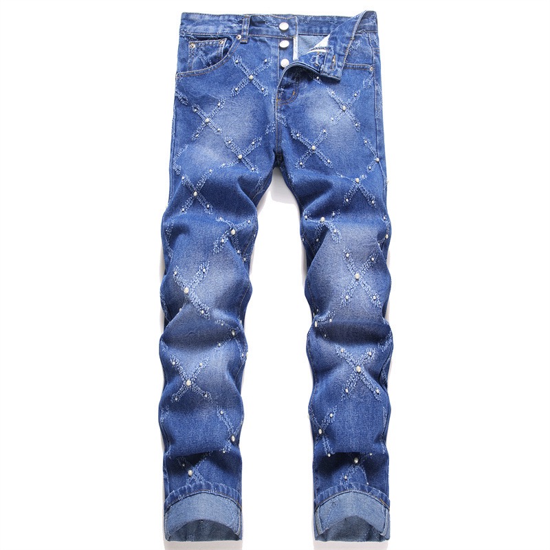 AM刺绣牛仔裤男高弹力修身小脚3D字母欧美奢侈铅笔裤微喇裤秋冬季