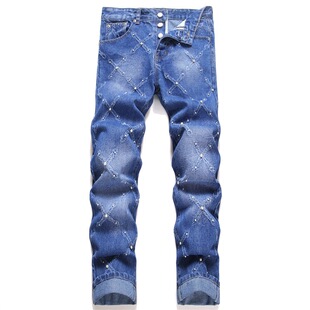 AM刺绣牛仔裤男高弹力修身小脚3D字母欧美奢侈铅笔裤微喇裤秋冬季