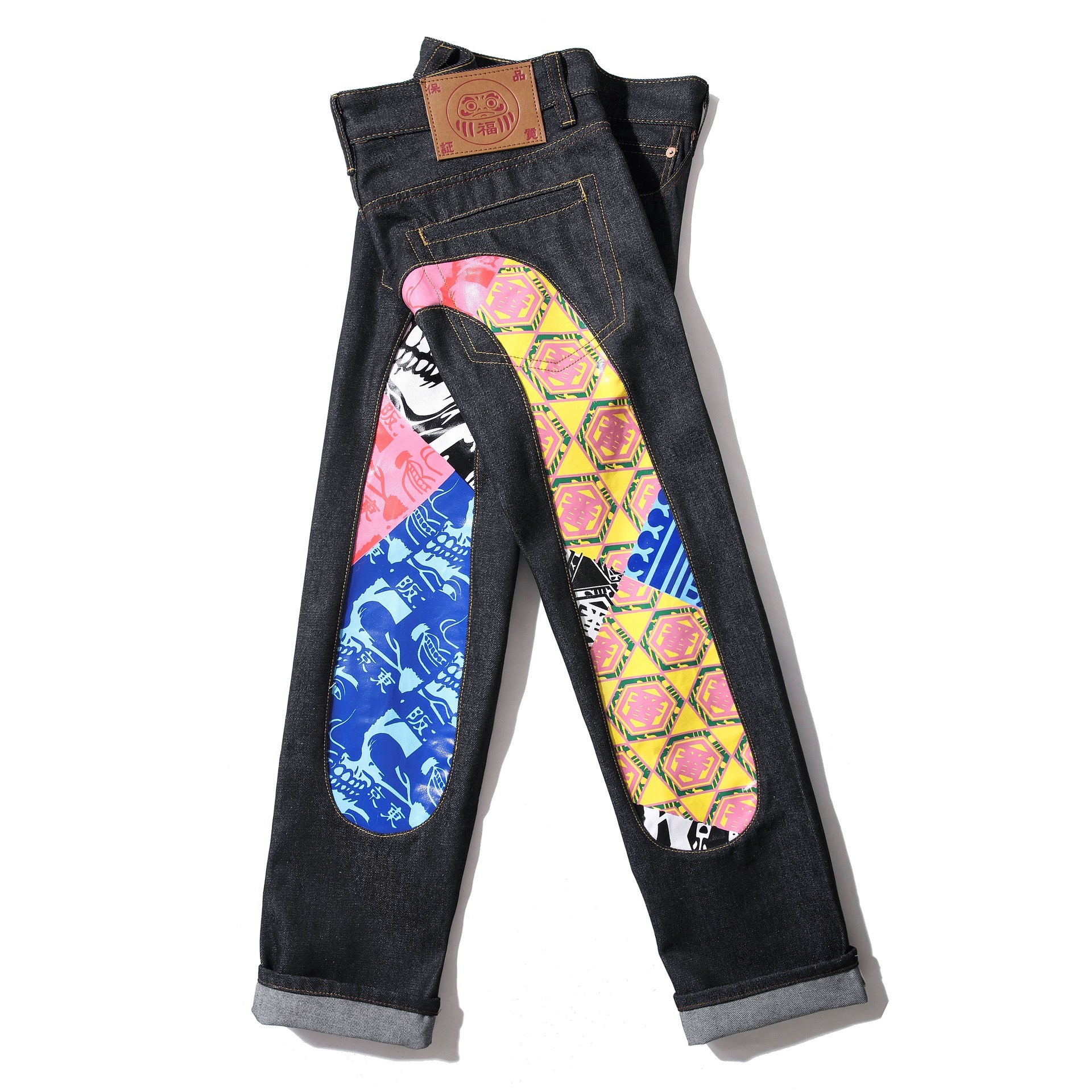 ev拉链拖地裤刺绣秋拼接牛仔纽扣