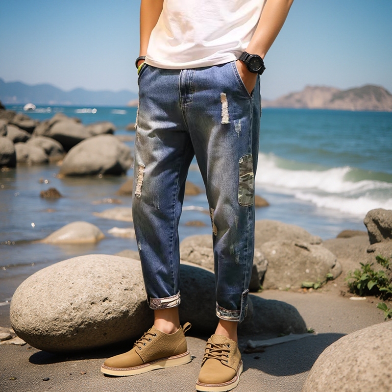 日系拉链九分裤刺绣秋季翻边迷彩