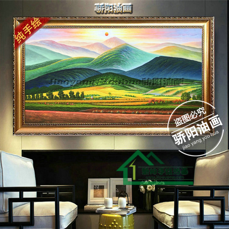 纯手绘巨人山无水山油画太阳风景山挂画旭日东升大尺寸靠山装饰画