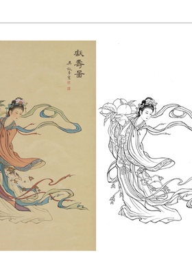工笔画底稿 工笔人物竖幅仕女献寿图白描22#打印稿宣纸稿
