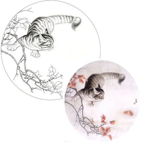 工笔画底稿工笔猫团扇小品白描21#打印稿宣纸稿