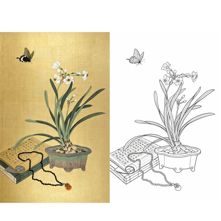 工笔画底稿工笔花卉水仙蝴蝶参考白描61#打印稿宣纸稿学习临摹