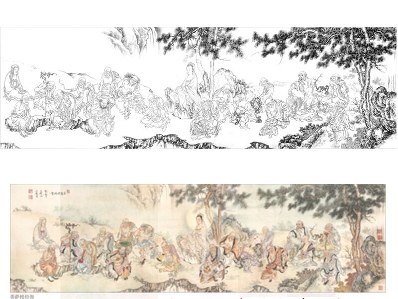 工笔画底稿 工笔人物画 明 丁云鹏菩萨授经图横幅长卷白描打印稿