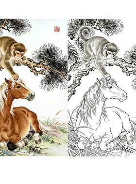 工笔画底稿人物工笔猴马上封侯白描3#打印稿宣纸稿学习临摹