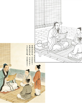 工笔画底稿工笔人物斗方孔子讲学图参考白描71#打印稿宣纸稿